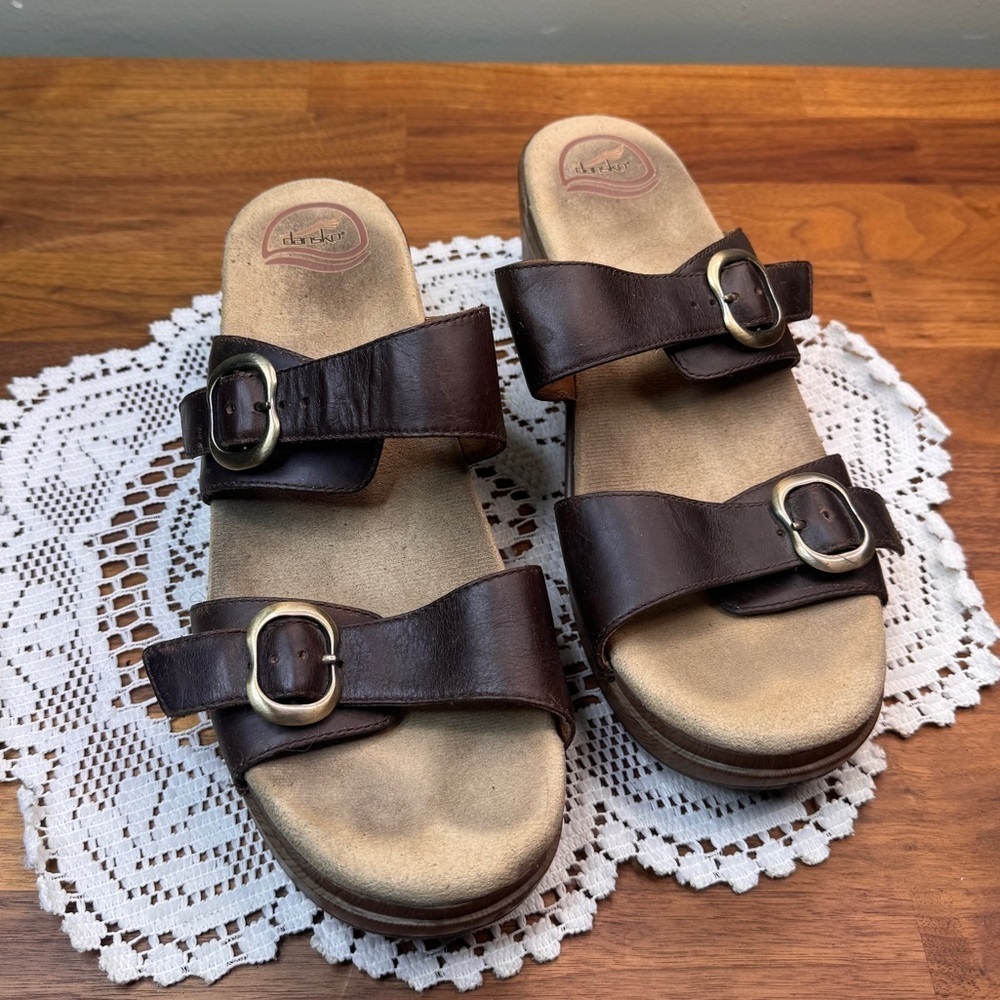 Dansko Sophie Leather Sandals Black Gold Tone Buckle Size 42